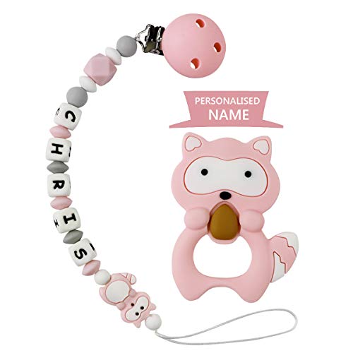 Chupetero Mordedor Personalizado con Nombre Rosa Bebe Chupetero Cadena Pinza Silicona Soothie Clip Chupete Chicas (Rosa con mordedor)