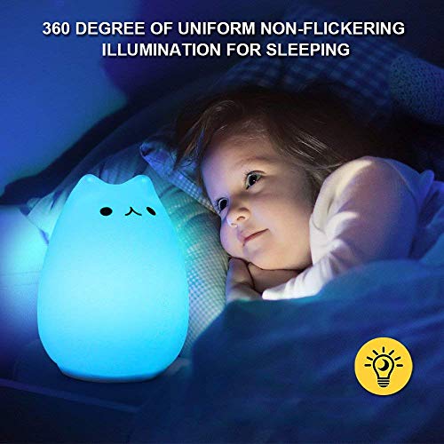 CHwares Lámpara portátil LED del Gato Niños luz de la Noche de los niños Silicona, Blanco cálido y 7 Colores de respiración, Tap Control Sensible, iluminación Recargable USB