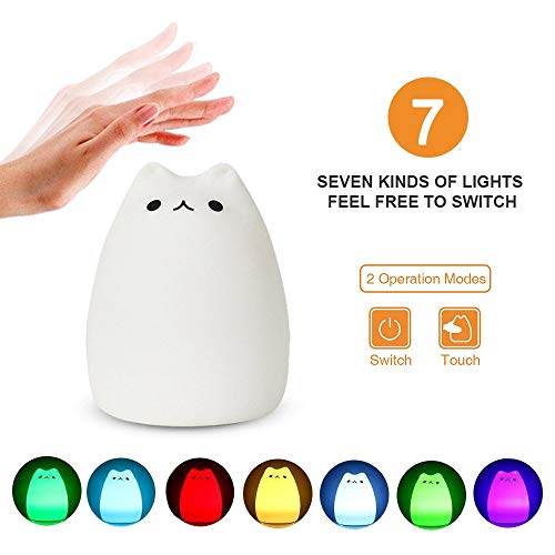 CHwares Lámpara portátil LED del Gato Niños luz de la Noche de los niños Silicona, Blanco cálido y 7 Colores de respiración, Tap Control Sensible, iluminación Recargable USB