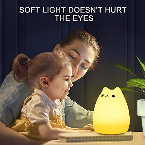 CHwares Lámpara portátil LED del Gato Niños luz de la Noche de los niños Silicona, Blanco cálido y 7 Colores de respiración, Tap Control Sensible, iluminación Recargable USB