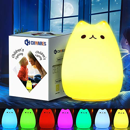 CHwares Lámpara portátil LED del Gato Niños luz de la Noche de los niños Silicona, Blanco cálido y 7 Colores de respiración, Tap Control Sensible, iluminación Recargable USB