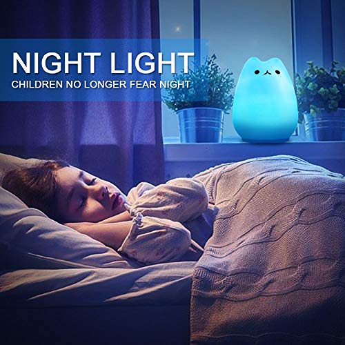 CHwares Lámpara portátil LED del Gato Niños luz de la Noche de los niños Silicona, Blanco cálido y 7 Colores de respiración, Tap Control Sensible, iluminación Recargable USB