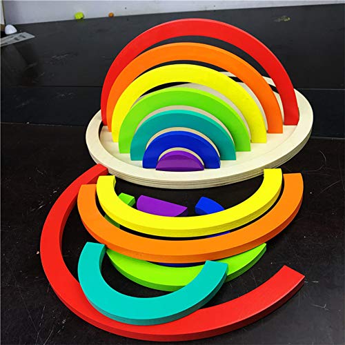 CHYK 12pcs de Madera Bloques de construcción de Juguete del Arco Iris Gran Arco del semicírculo del Color Jengle Madera Educativo Juguetes para niños,Wood Color