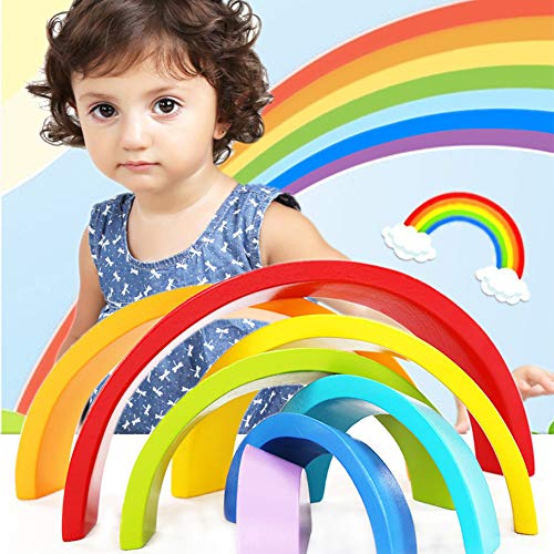 CHYK Educación Aprendizaje Juegos Juguetes para bebés 7PCS Madera Puente del Arco Iris apilado Torre Juguetes educativos Bloques de Edificio de principios,7pcs