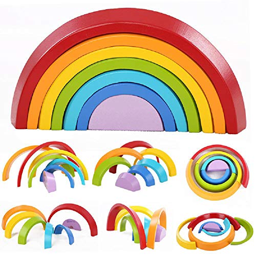 CHYK Educación Aprendizaje Juegos Juguetes para bebés 7PCS Madera Puente del Arco Iris apilado Torre Juguetes educativos Bloques de Edificio de principios,7pcs