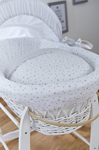 Clair de Lune estrellas y rayas color blanco mimbre Moisés Basket inc. ropa de cama, colchón y capucha ajustable (gris)