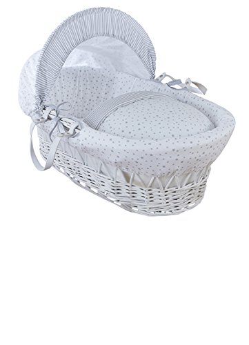 Clair de Lune estrellas y rayas color blanco mimbre Moisés Basket inc. ropa de cama, colchón y capucha ajustable (gris)