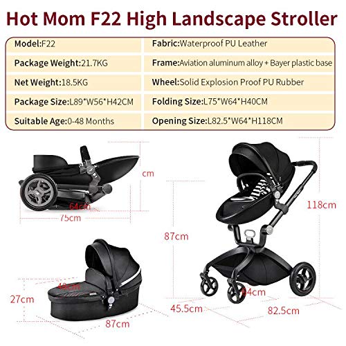 Cochecito de Bebe Hot Mom Cochecito y Sillas de paseo 3 en 1 con silla y el capazo, 2020 estilo de vida F22 asiento de carro extra comprable - Negro