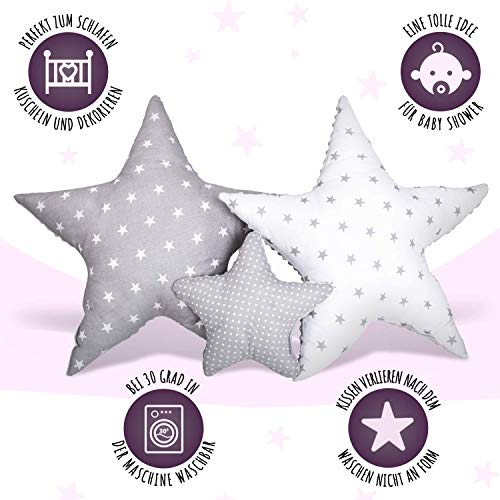 cojin estrella cojines bebe - decoracion peluche estrella regalo bebe recien nacido niña niños chico gris-blanco oscuro con estrellas y lunares ø 30cm et 2 x ø 60cm