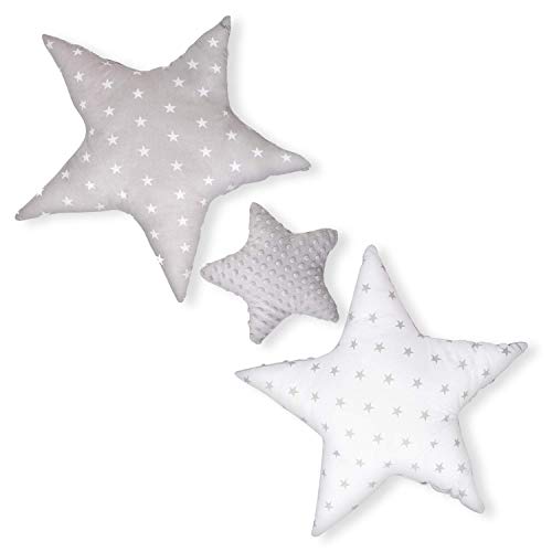 cojin estrella cojines bebe - decoracion peluche estrella regalo bebe recien nacido niña niños chico gris-blanco oscuro con estrellas y lunares ø 30cm et 2 x ø 60cm