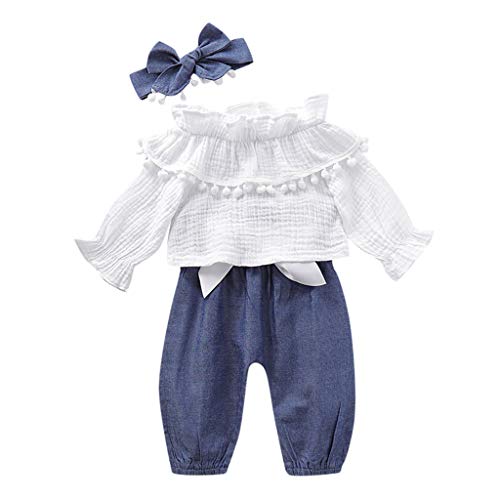 Conjunto De Bebé ReciéN Nacido Camiseta De Manga Larga con Borla Y Volantes En Color Liso+Pantalones con Lazo+Banda para El Cabello AlgodóN Y Lino Ropa Vestido Bautismal(Blanco,3-6 meses/80)