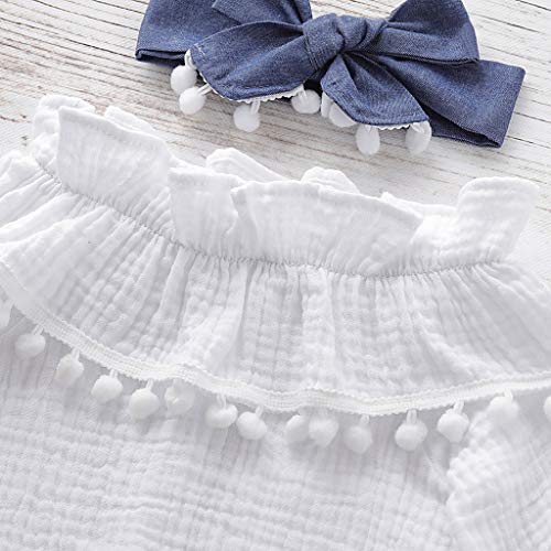 Conjunto De Bebé ReciéN Nacido Camiseta De Manga Larga con Borla Y Volantes En Color Liso+Pantalones con Lazo+Banda para El Cabello AlgodóN Y Lino Ropa Vestido Bautismal(Blanco,3-6 meses/80)