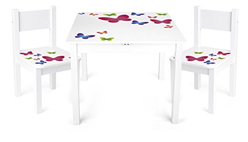 Conjunto Infantil de Mesa y Dos Sillas Madera Para Miños 1 Mesa y 2 Silas Juego de Muebles Infantiles Para Cuarto de Los Niños Estable Alta Calidad Jardín de La Infancia Esquina Infantil Diversión y Aprendizaje Motivo Mariposas