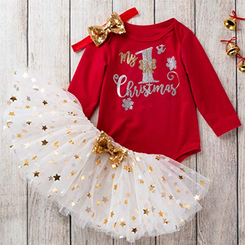 Conjunto Navidad Bebe Niña Vestido Neonatal Partido 3PCS Mi Primera Navidad Traje de Santa del Manga Larga Mono + Tutú Falda + Diadema