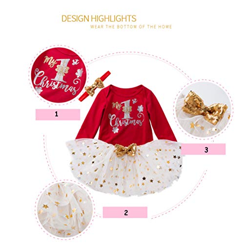 Conjunto Navidad Bebe Niña Vestido Neonatal Partido 3PCS Mi Primera Navidad Traje de Santa del Manga Larga Mono + Tutú Falda + Diadema