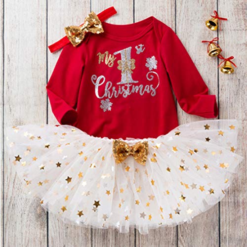 Conjunto Navidad Bebe Niña Vestido Neonatal Partido 3PCS Mi Primera Navidad Traje de Santa del Manga Larga Mono + Tutú Falda + Diadema