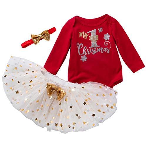 Conjunto Navidad Bebe Niña Vestido Neonatal Partido 3PCS Mi Primera Navidad Traje de Santa del Manga Larga Mono + Tutú Falda + Diadema