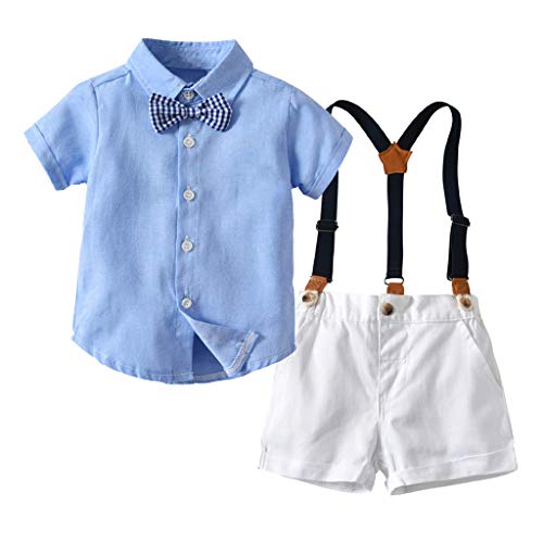 Conjuntos Bebe Niño, Lanskirt 3 Piezas Ropa de Camisa de Manga Corta con Pajarita a Lunares y Camisa de Color Liso+ Pantalones Cortos+ Traje de Caballero Bebe 3 a 24 Meses