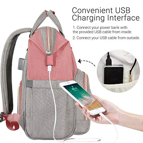 COSYLAND Mochilas para Pañales Biberones Bolso de Cambio Mamá Multifuncional Impermeable Gran Capacidad con Aislado Bolsillos para Cuidado Bebé con 2 Correas de Cochecito Puerto y Cable USB Gris+Rosa