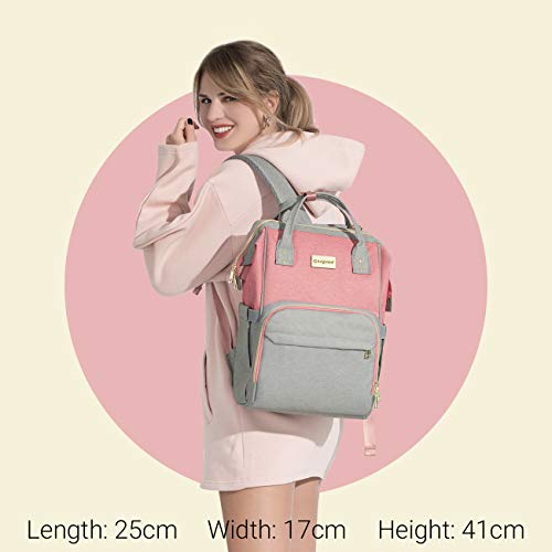 COSYLAND Mochilas para Pañales Biberones Bolso de Cambio Mamá Multifuncional Impermeable Gran Capacidad con Aislado Bolsillos para Cuidado Bebé con 2 Correas de Cochecito Puerto y Cable USB Gris+Rosa