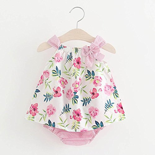 Counjunto de Ropa bebé niña Verano 2pcs Bebés niñas impresión Floral Tops Chaleco + Pantalones Cortos a Rayas Trajes Ropa Conjunto (Rosado, Tamaño:0-6Mes)