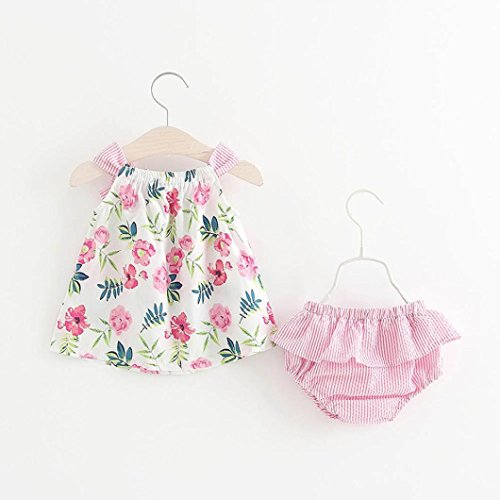 Counjunto de Ropa bebé niña Verano 2pcs Bebés niñas impresión Floral Tops Chaleco + Pantalones Cortos a Rayas Trajes Ropa Conjunto (Rosado, Tamaño:0-6Mes)