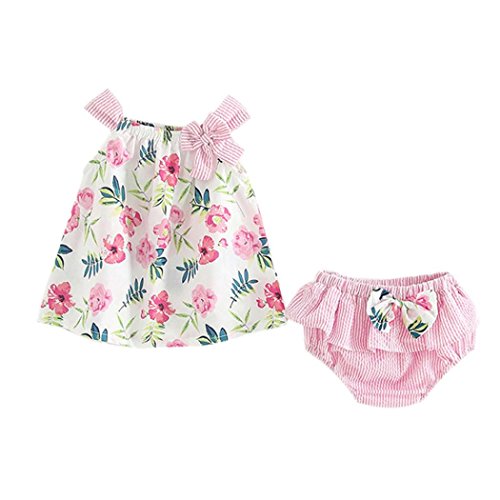 Counjunto de Ropa bebé niña Verano 2pcs Bebés niñas impresión Floral Tops Chaleco + Pantalones Cortos a Rayas Trajes Ropa Conjunto (Rosado, Tamaño:0-6Mes)