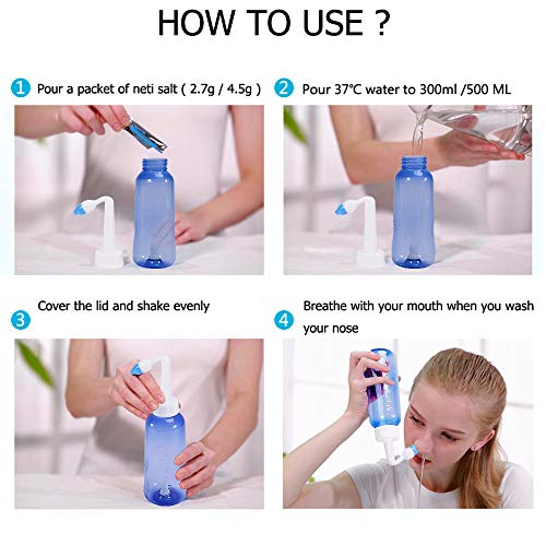 CROING - Botella de 300 ml + 40 paquetes de sal - Neti Pot, Botella de lavado nasal Yoga Nasal Botella Nariz Limpiador Botella Rhinitis alérgica Tratamiento