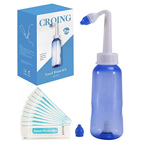 CROING - Botella de 300 ml + 40 paquetes de sal - Neti Pot, Botella de lavado nasal Yoga Nasal Botella Nariz Limpiador Botella Rhinitis alérgica Tratamiento