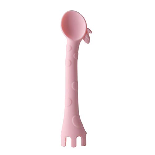 Cuchara de Silicona para bebés Diseño de Jirafa Cuchara de Entrenamiento Suave Utensilios para bebés para la Hora de Comer y autoalimentarse (Rosa)