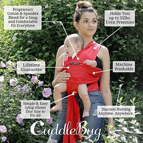 CuddleBug Fular Portabebés 9 en 1 – Canguro para Bebés Recién Nacidos y Niños hasta 16 Kg – Manos libres - Porta Bebés de Tela Suave y Elástico – Ideal como Regalo de Babyshower – Talla Única - (Roja)