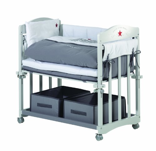 Cuna de colecho roba 4 en 1, con vestiduras 'Rock star baby', utilizable como cuna de colecho, cuna balancin, cuna normal y banco para niños, fabricada en madera lacada en gris y con vestiduras completas, y ropa de cuna de (80x80cm)