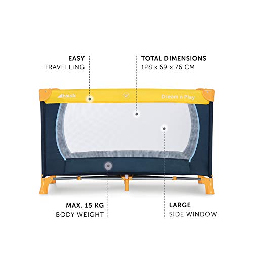 Cuna de viaje Hauck Dream N Play / incluye colchón y bolsa / 120 x 60 cm / desde el nacimiento / portátil y plegable, azul marino amarillo (azul, amarillo)