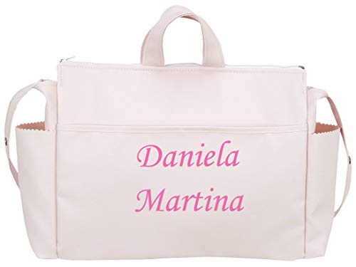 danielstore- Bolso Talega Personalizado Bebe Carrito Gemelar bebe con nombres bordados. + Regalo de un pack con dos baberos (Talega rosa)