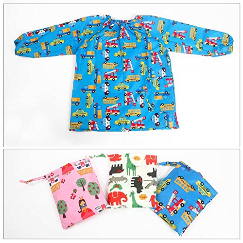 DAWNTUNG - Baberos Delantal Niños Blusón Impermeable Pintura con Mangas Largas Bolsillos Infantil Estampado Animado Colorido para Niños Niñas 5-7 Años