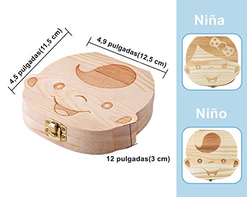 DEAROPE Caja de Dientes, Caja para Dientes en Español de Leche, Caja de Madera para Guardar Dientes (Niño)