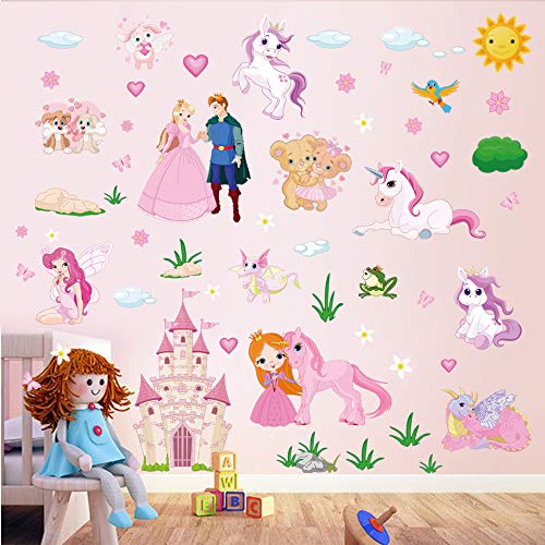 decalmile Pegatinas de Pared Unicornio Princesa Vinilos Decorativos Castillo Hadas Adhesivos Pared Habitacion Niña Infantiles Niños Bebés Dormitorios