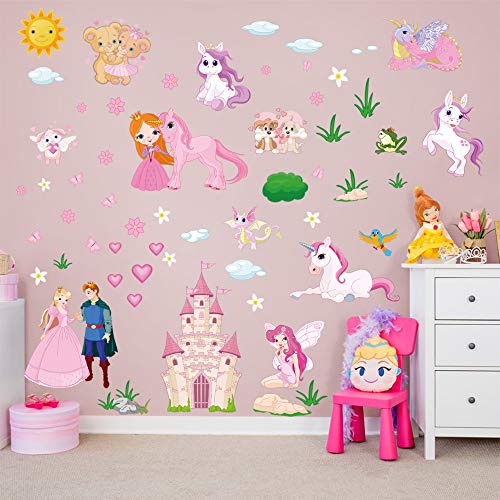 decalmile Pegatinas de Pared Unicornio Princesa Vinilos Decorativos Castillo Hadas Adhesivos Pared Habitacion Niña Infantiles Niños Bebés Dormitorios