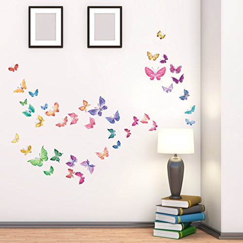 DECOWALL DW-1602 Mariposas en Acuarela Vinilo Pegatinas Decorativas Adhesiva Pared Dormitorio Salón Guardería Habitación Infantiles Niños Bebés