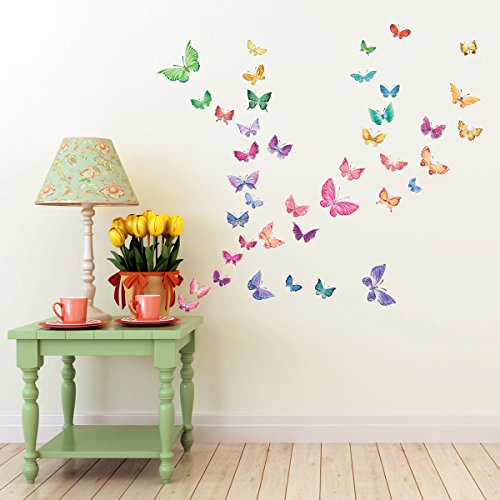 DECOWALL DW-1602 Mariposas en Acuarela Vinilo Pegatinas Decorativas Adhesiva Pared Dormitorio Salón Guardería Habitación Infantiles Niños Bebés