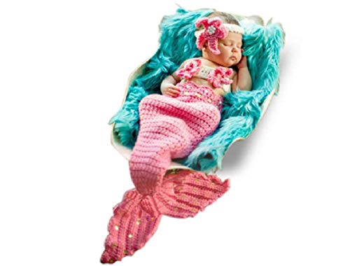 Disfraz de sirena, para recién nacido, para niña/niño, de punto de ganchillo, para fotografía, sombreros de utilería (rosa claro)