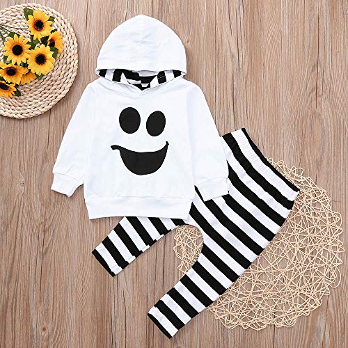 Disfraz Halloween Niño Bebe 1-4 años Ghost Smile Sudaderas con Capucha y Manga Larga + Pantalones a Rayas (2 años, Blanco)