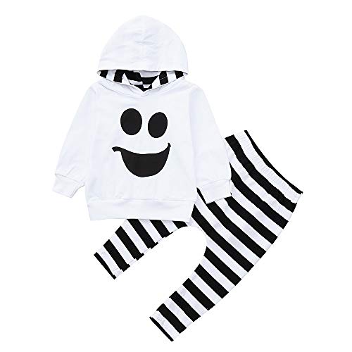 Disfraz Halloween Niño Bebe 1-4 años Ghost Smile Sudaderas con Capucha y Manga Larga + Pantalones a Rayas (2 años, Blanco)