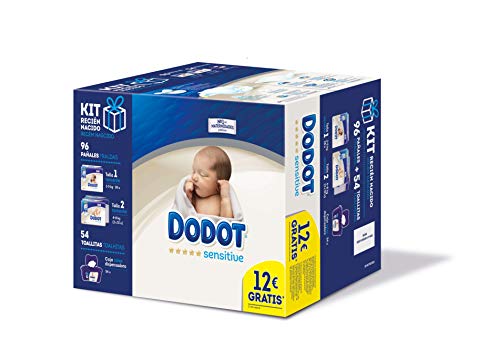 Dodot Sensitive Pañales Talla 1, 28 pañales, 2-5kg + Pañales Talla 2, 68 pañales, 4-8 kg + Dodot Sensitive Toallitas con caja dispensadora, 54 toallitas