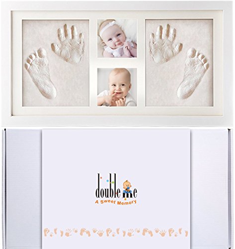 Doubleme Kit de Marco de Huellas de Manos y Pies del Bebé, Regalos Memorables para el Recién Nacido y los Gemelos, Marco de Madera con Arcillas Seguras, dos Fotos y dos Huellas, Color blanco