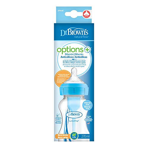 DR BROWN´S OPTIONS+ BIBERÓN ANTICÓLICOS BOCA ANCHA AZUL 270 ML | Probado clínicamente para reducir cólicos, reflujos, eructos y gases | Tetina similar al pecho materno, alimentación más natural