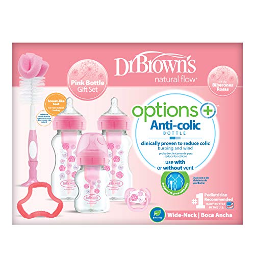 Dr. Brown's OPTIONS PLUS 2019! - Kit de Biberones Anticólicos de Boca Ancha, Chupete, Cepillo y Mordedor, sin BPA (Color: Rosa)