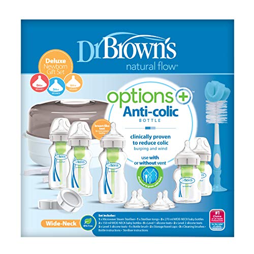 Dr. Brown's OPTIONS PLUS 2019! - Set de Regalo para Bebés. Esterilizador de Microondas + Kit de Biberones Anticólicos de Boca Ancha, sin BPA (Color: Neutro)