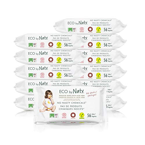 Eco by Naty, Aloe Vera, 672 piezas (12x56 toallitas), Toallitas húmedas compostables hechas a base de fibras vegetales. 0% plastico. Sin productos nocivos.