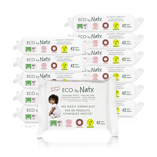 Eco by Naty, Desechables en el Inodoro, 504 piezas (12x42 toallitas), Toallitas húmedas compostables hechas a base de fibras vegetales. 0% plastico. Sin productos nocivos.